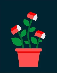 Digital illustration of red and white house-shaped flowers in a flowerpot against a dark background