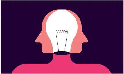 Digital illustration by Jamie Portch showing two facing human profiles with a glowing lightbulb shape in the middle against a dark background
