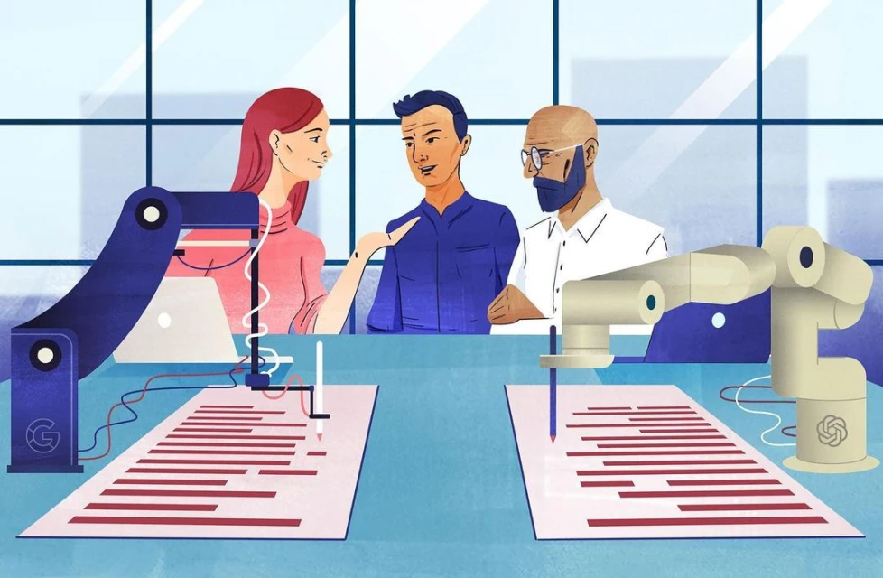 Illustration showing two adult humans talking in an office setting next to two robot arms writing on paper for a Google and Chat GPT concept.