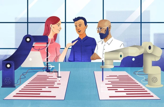 Illustration showing two adult humans talking in an office setting next to two robot arms writing on paper for a Google and Chat GPT concept.