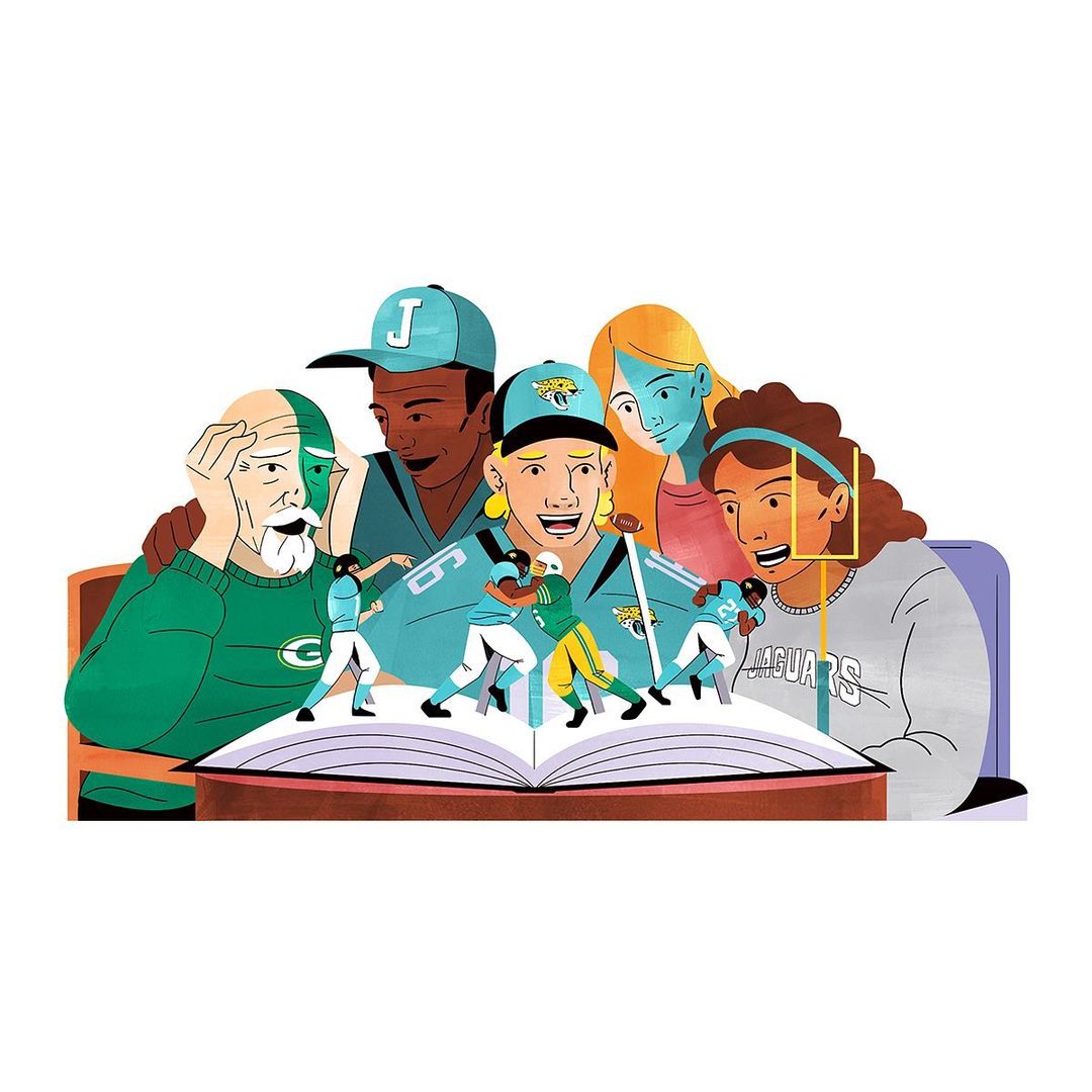 Illustration featuring people watching football players emerge from an open book, capturing the excitement and drama of the sport.