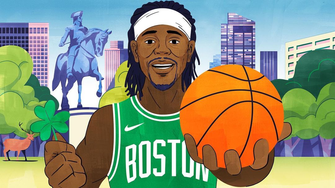 Illustration of a smiling basketball player in a Boston Celtics jersey holding a ball, set against a city skyline backdrop.