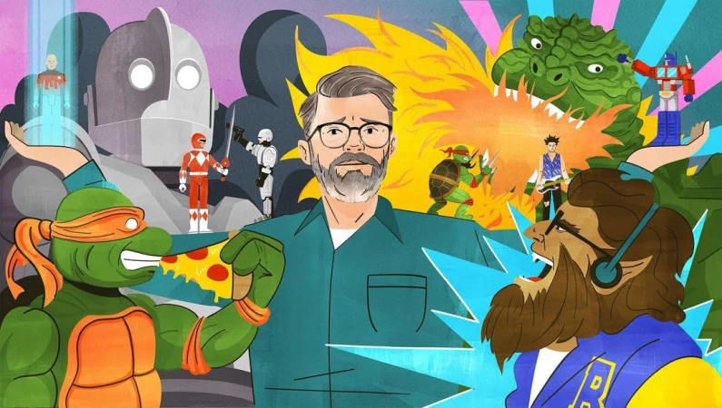 Illustration of a bearded man surrounded by pop culture characters like Godzilla, Optimus Prime, and Teenage Mutant Ninja Turtles.