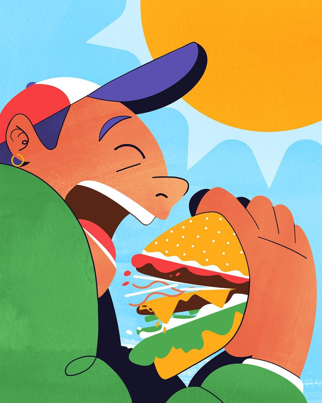 Illustration of a smiling person in a baseball cap holding a large, colorful cartoon-style burger on a sunny, bright day.