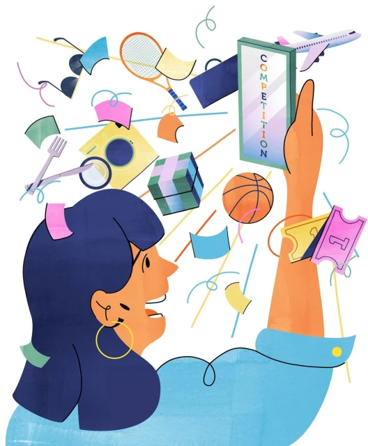Illustration of a smiling woman holding up a phone with "competition" on the screen, surrounded by travel and leisure objects.