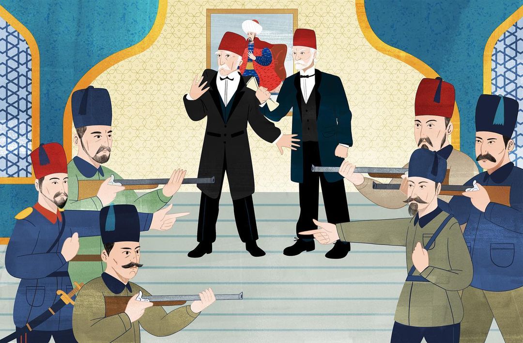 Illustration depicts two men in suits facing a firing squad, set against an ornate backdrop, rendered in a stylized, vintage-inspired aesthetic.