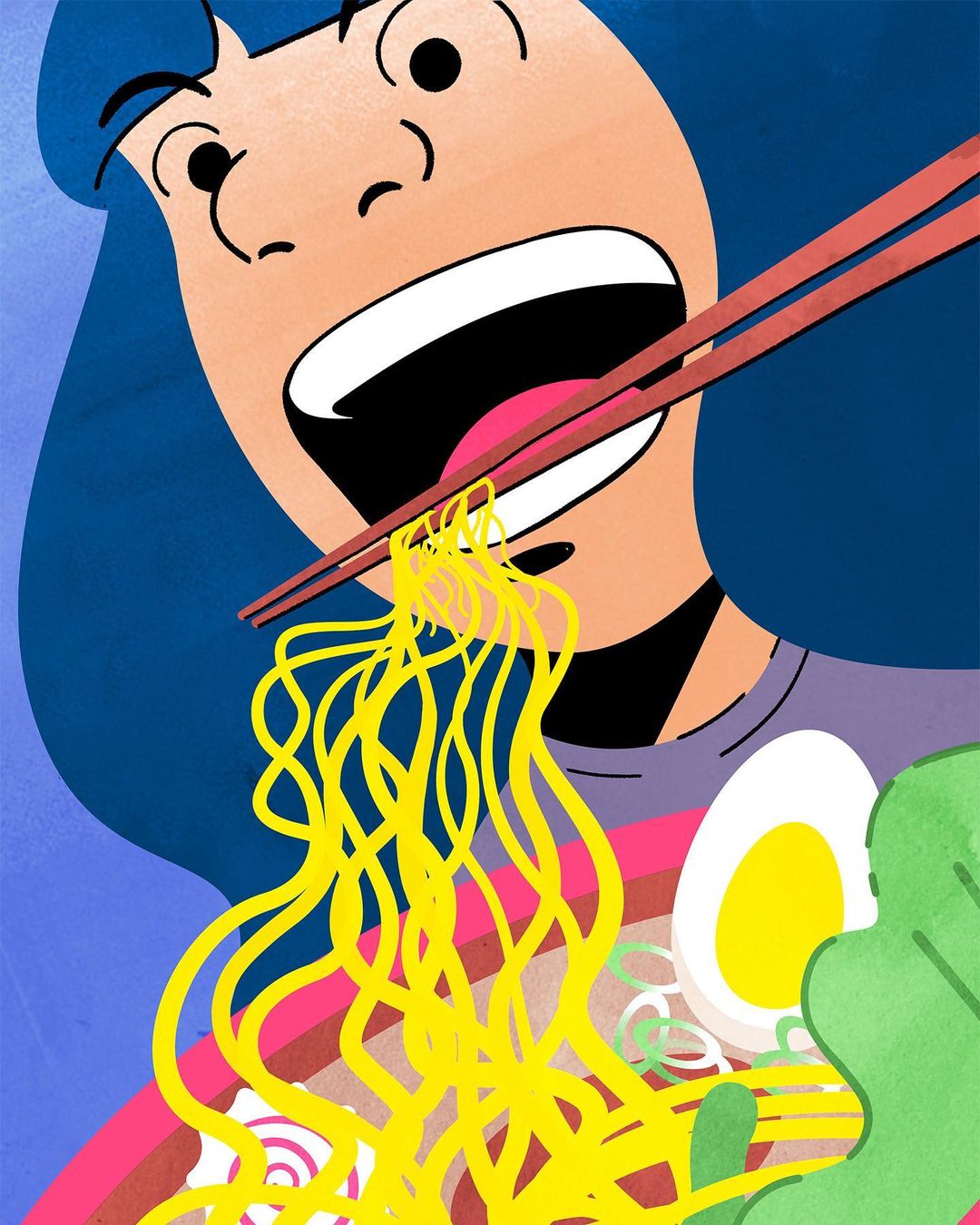 Illustration of a person eating noodles with chopsticks from a bowl, featuring bright yellow noodles and a minimalist style.