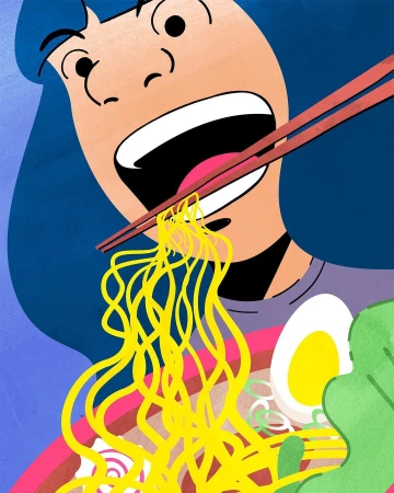 Illustration of a person eating noodles with chopsticks from a bowl, featuring bright yellow noodles and a minimalist style.