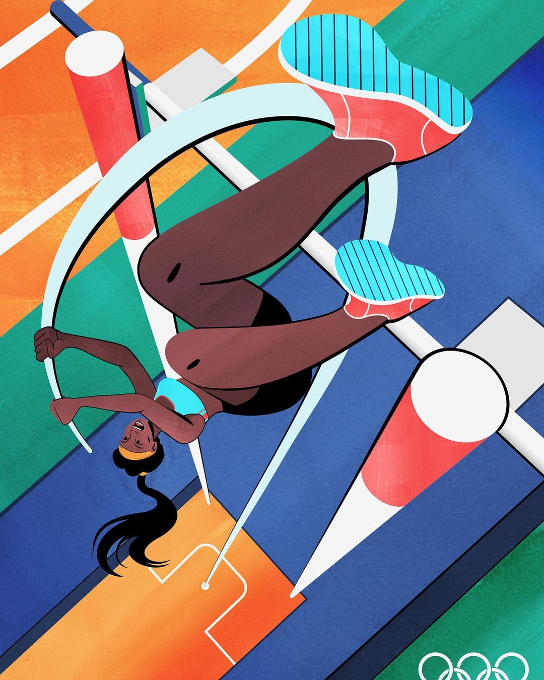 Illustration of a female athlete pole vaulting against an abstract geometric background with Olympic rings, graphic art style.