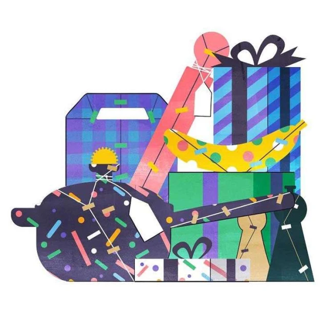 Illustration of colorful, wrapped presents stacked together, including boxes, a tube, and tags in blues, greens, yellows, and pinks on white.