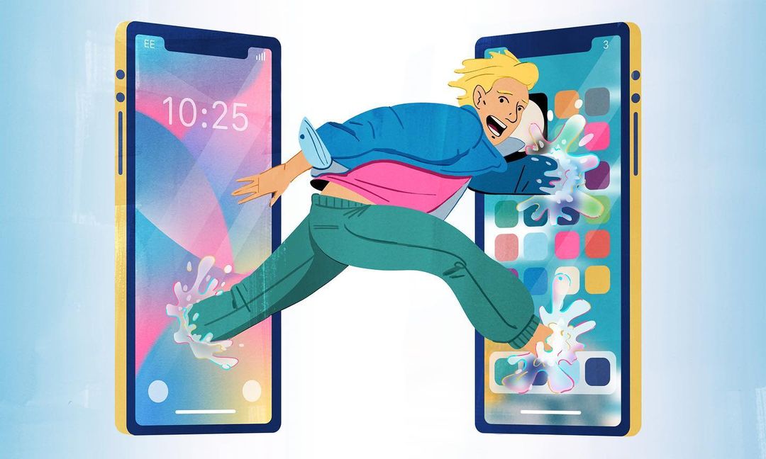 Illustration of a person leaping from one smartphone screen to another, with splashes indicating movement and vibrant app icons.