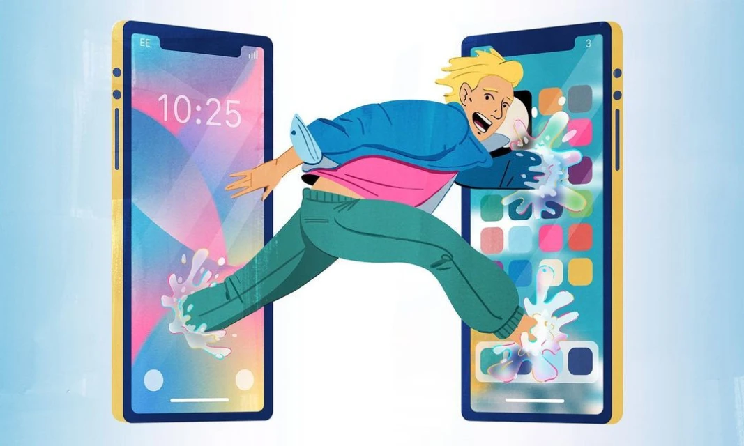 Illustration of a person leaping from one smartphone screen to another, with splashes indicating movement and vibrant app icons.