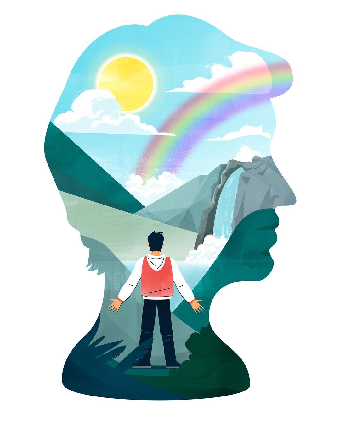 Illustration of person within a head silhouette features mountains, waterfall, rainbow, sun, and sky, embodying freedom and nature.
