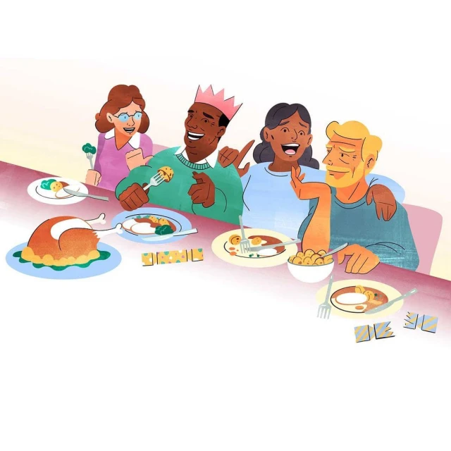 Illustration of four adults seated at a table with plates of food, smiling and talking; one man wears a paper crown at a holiday dinner.