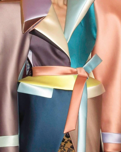 Close-up of a colorful, geometric satin coat with an orange ribbon belt, featuring shades of purple, blue, yellow, and brown.