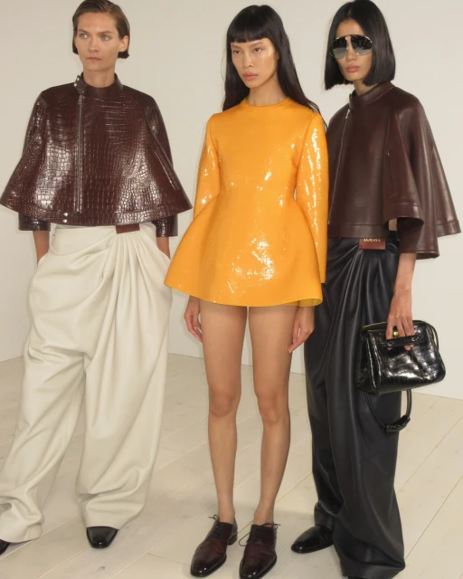 Three fashion models pose indoors, showcasing apparel; one in orange, two in brown, with beige and black trousers. Minimalist studio backdrop.