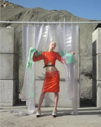 A bald model wearing an orange sequined two-piece outfit standing outdoors in front of a translucent plastic curtain barrier.