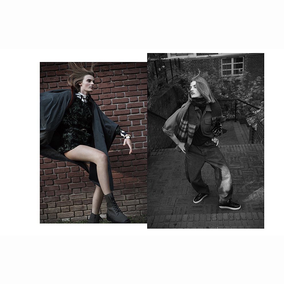 Two fashion portraits showcase a woman in a black dress before a brick wall and another in denim on stairs with green plants.