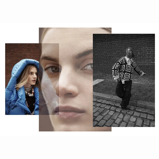 Collage with portraits of women. One woman in a blue hooded jacket, one extreme close up, and a woman in a black and white sweater.