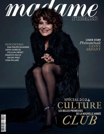 Magazine cover features Fanny Ardant in a black fur coat and sheer hosiery, seated against a grey background with text overlays.
