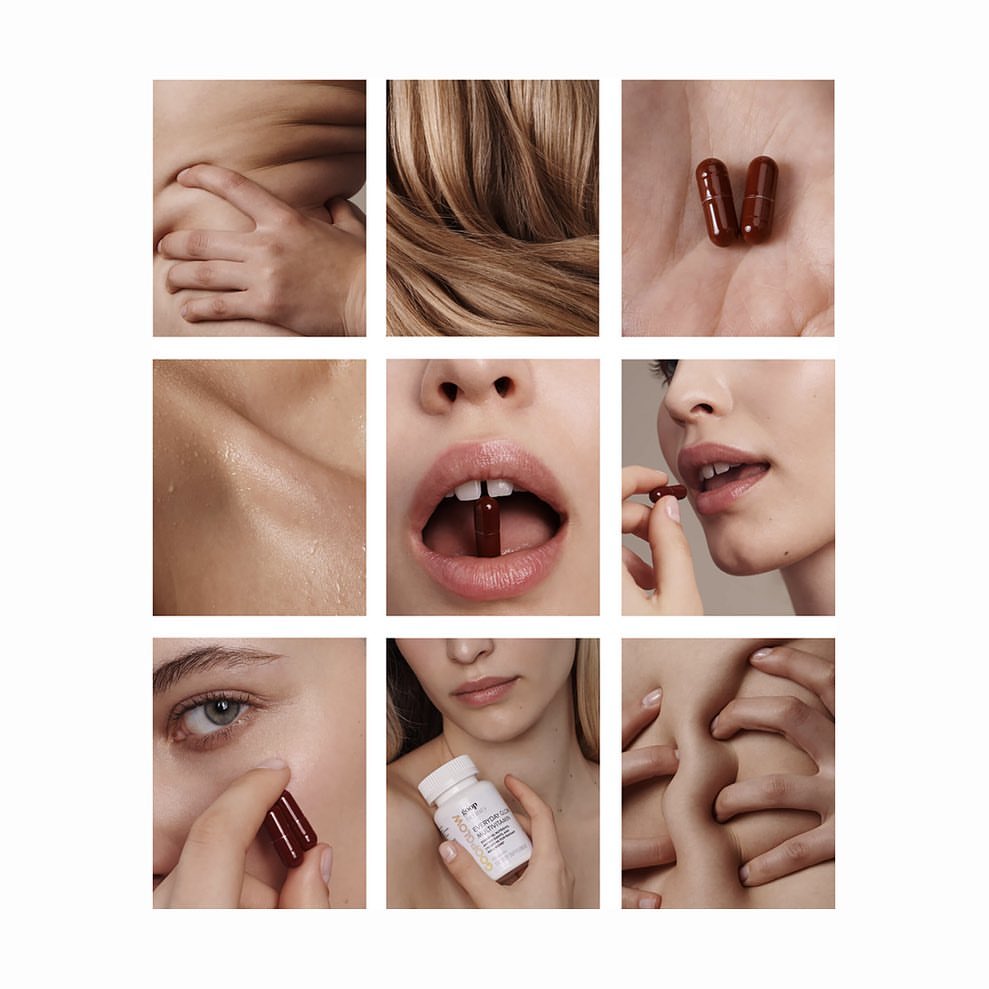Collage of beauty shots showing a female face, hair, body parts, and oral intake of a nutritional supplement capsule.
