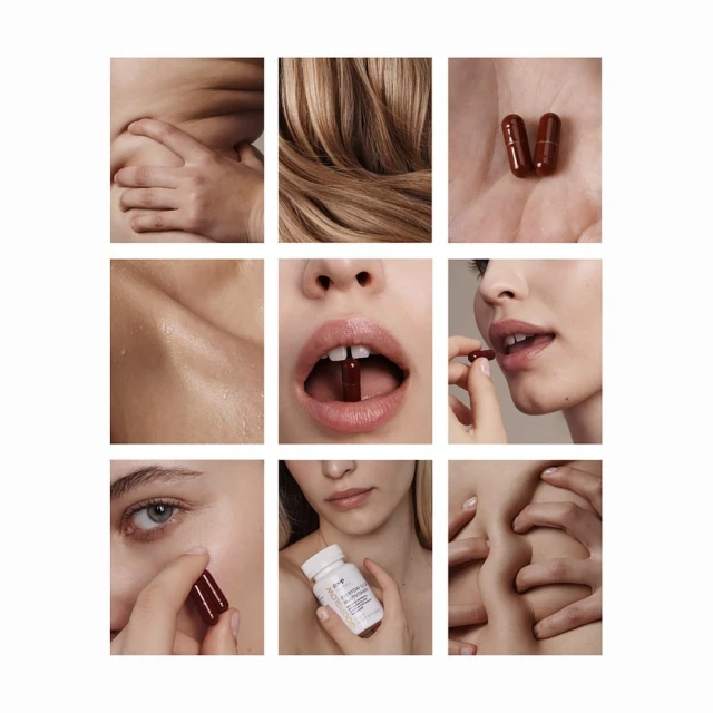 Collage of beauty shots showing a female face, hair, body parts, and oral intake of a nutritional supplement capsule.