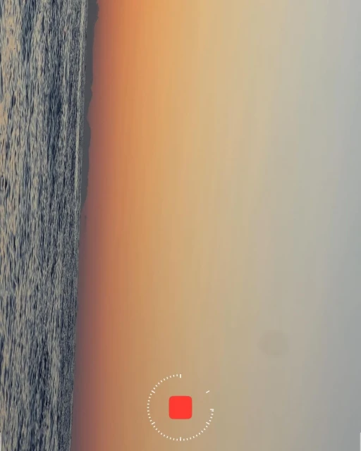 Overhead shot of the ocean meeting the sandy shore at dusk, the sky a blend of orange and light grey, captured with a stationary recording indicator.