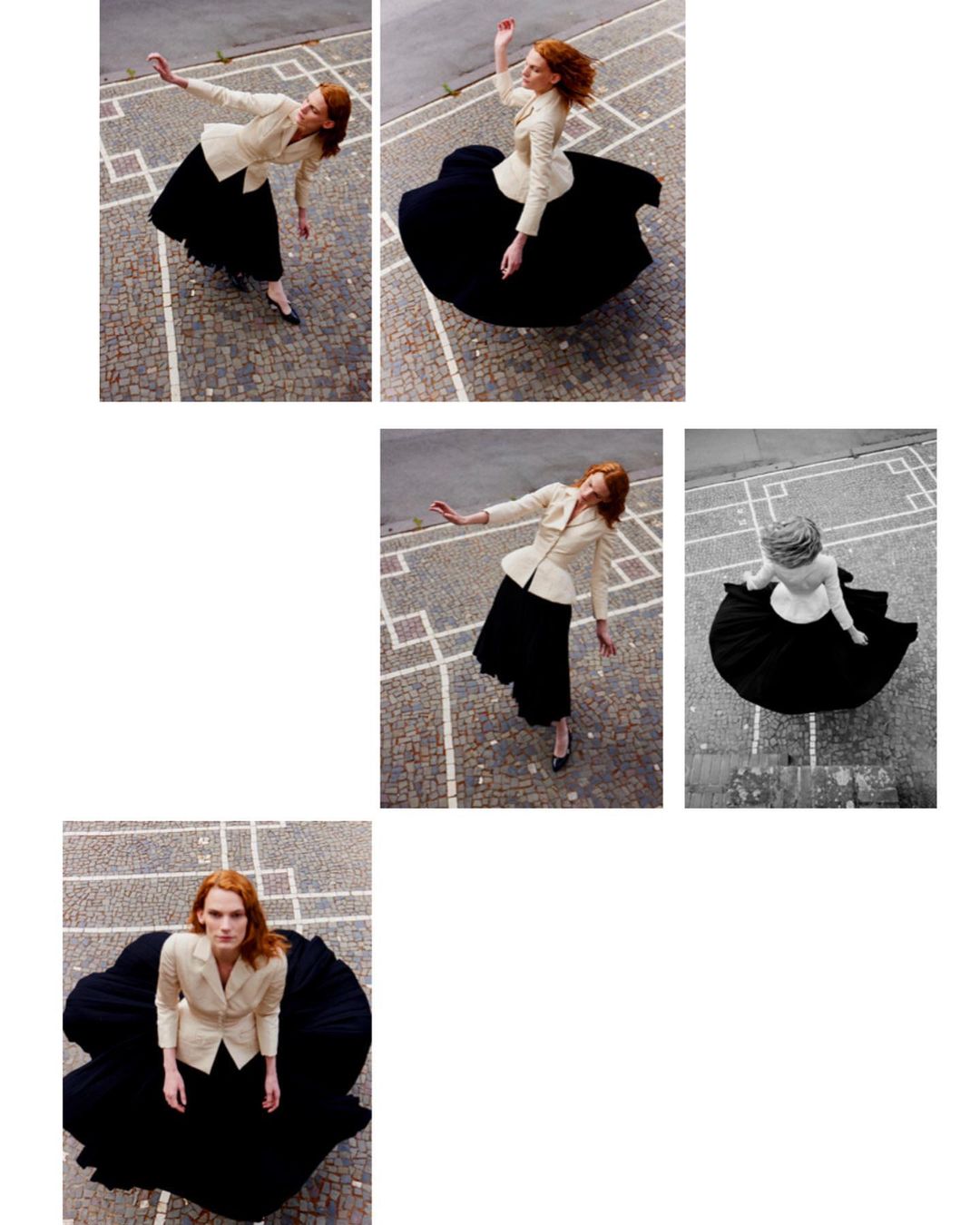 Fashion shot of a woman in a white blazer and black skirt posing on a geometric pavement viewed from an overhead angle.