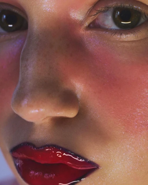 Close-up shot of a person's face featuring glossy red lips, smooth skin, and brown eyes, highlighting beauty and makeup elements.