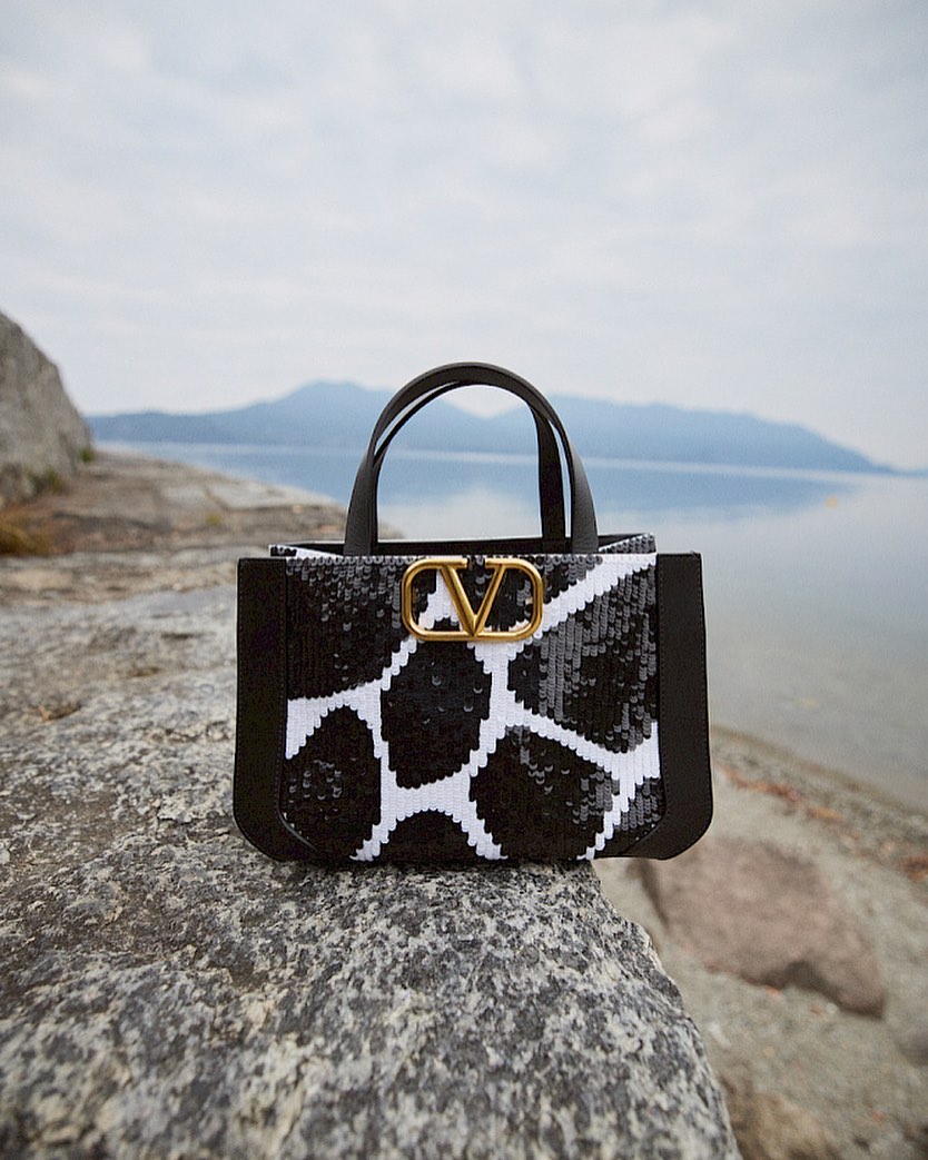 Valentino Garavani Locò small bucket bag on a rock with lake and sky in the background, fashionable and stylish.