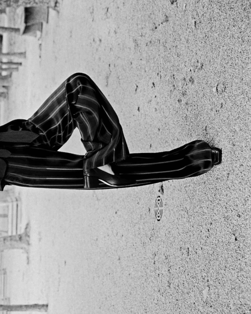 Person's legs in striped trousers and black shoes rest on textured concrete near stairs in this black and white fashion shot.