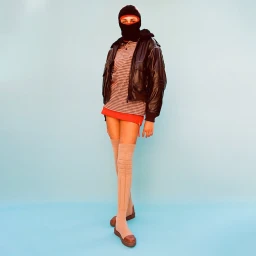 Model wearing a black balaclava, leather jacket, and knee-high socks against a light blue backdrop photographed by Jana Gerberding.