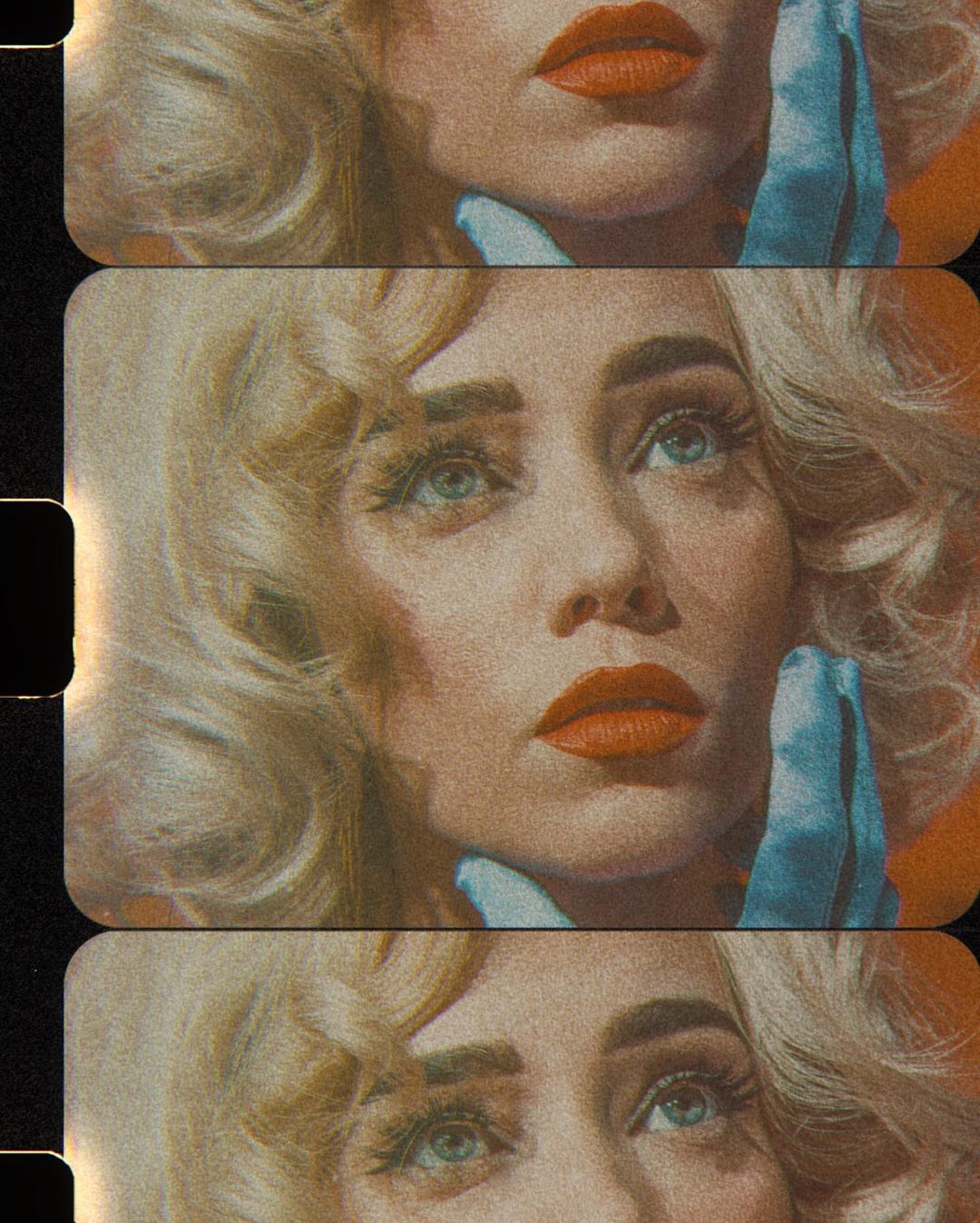 Film strip of a woman with blonde curly hair, blue eyes, and red lipstick. She wears a blue glove on her chin.