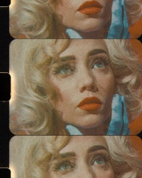 Film strip showing three frames of a blonde woman with red lipstick and blue gloves touching her face