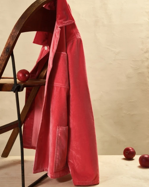 Pink velvet jacket draped over a wooden chair with red apples on the seat and floor against a textured cream background.