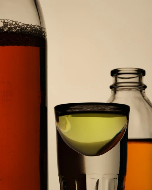 Still life of clear glass bottles and a filled shot glass against a neutral background in a studio setting. Focus on liquid in containers.
