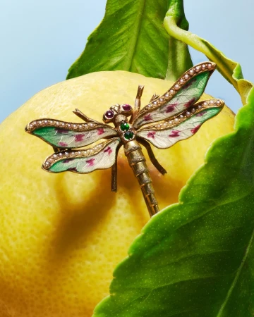 Close-up of an antique dragonfly brooch, adorned with gemstones and pearls, resting atop a vibrant yellow lemon with green leaves.
