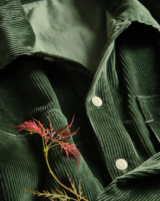 Close-up of a green corduroy shirt featuring a red Japanese maple leaf placed on the front, showcasing textile and nature.