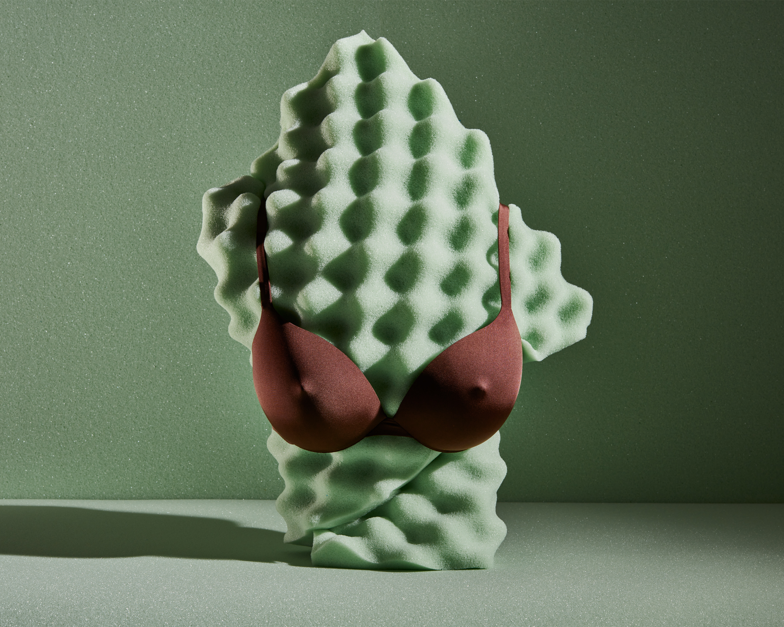 A maroon satin bra mounted on a sculptured piece of sage green textured foam against a matching green background.