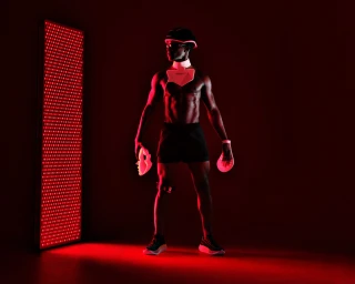 Shirtless black man wearing a helmet and futuristic wearable accessories standing in red studio lighting