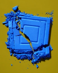 Broken block of bright blue cosmetic powder with scattered crumbs on a solid yellow background.