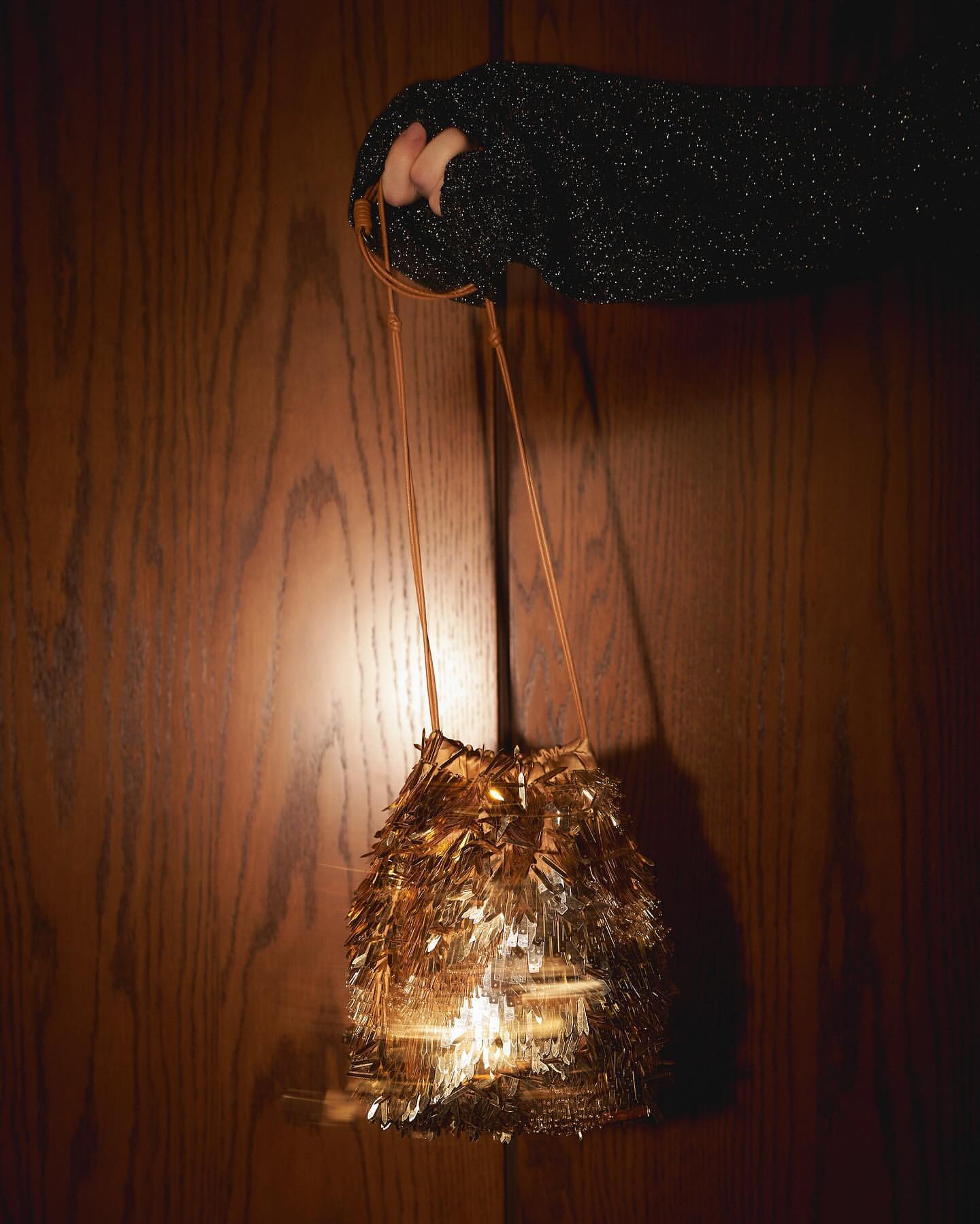 Hand in a sparkly black sleeve holds up a gold, fringed purse against a wood-paneled background in a vertically-oriented studio shot.