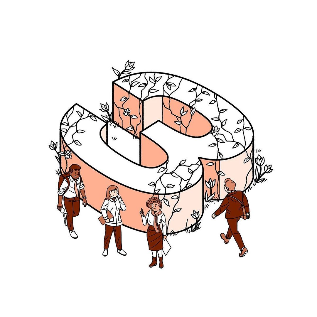 Illustration of four cartoon people standing near a large stylized letter 'G' with vines growing on it on a white background.