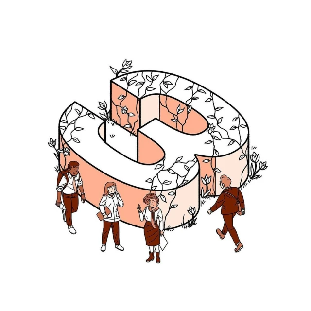 Illustration of four cartoon people standing near a large stylized letter 'G' with vines growing on it on a white background.