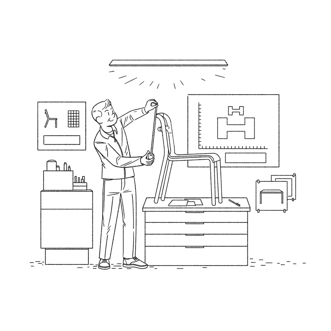 Illustration of a man measuring a chair in a workshop, with design sketches and tools visible, showcasing craftsmanship.
