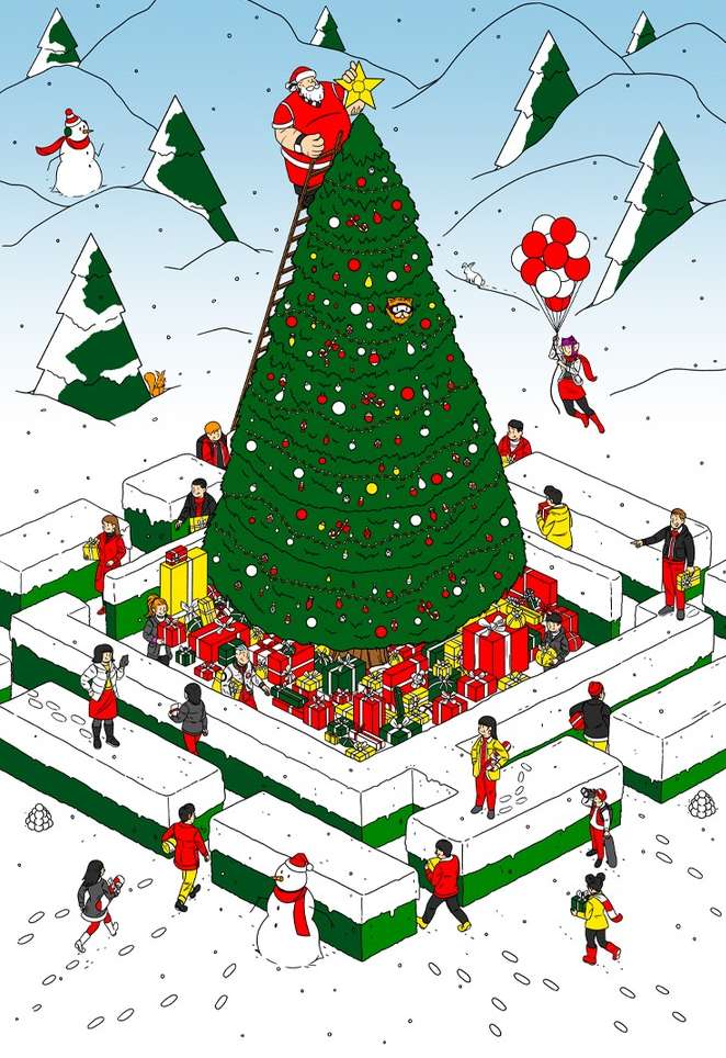 Illustration of Santa Claus placing a star on a Christmas tree, surrounded by people in a snow-covered, maze-like setting with gifts.