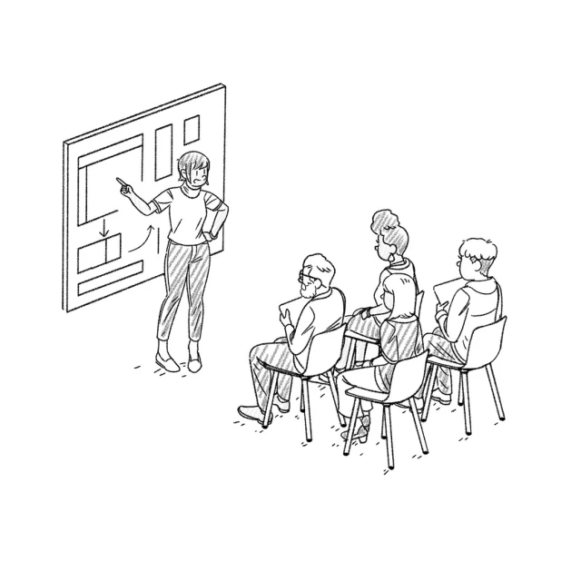 Illustration of a presenter, an adult female, pointing to a flowchart on a white board with 4 seated adults as the audience.