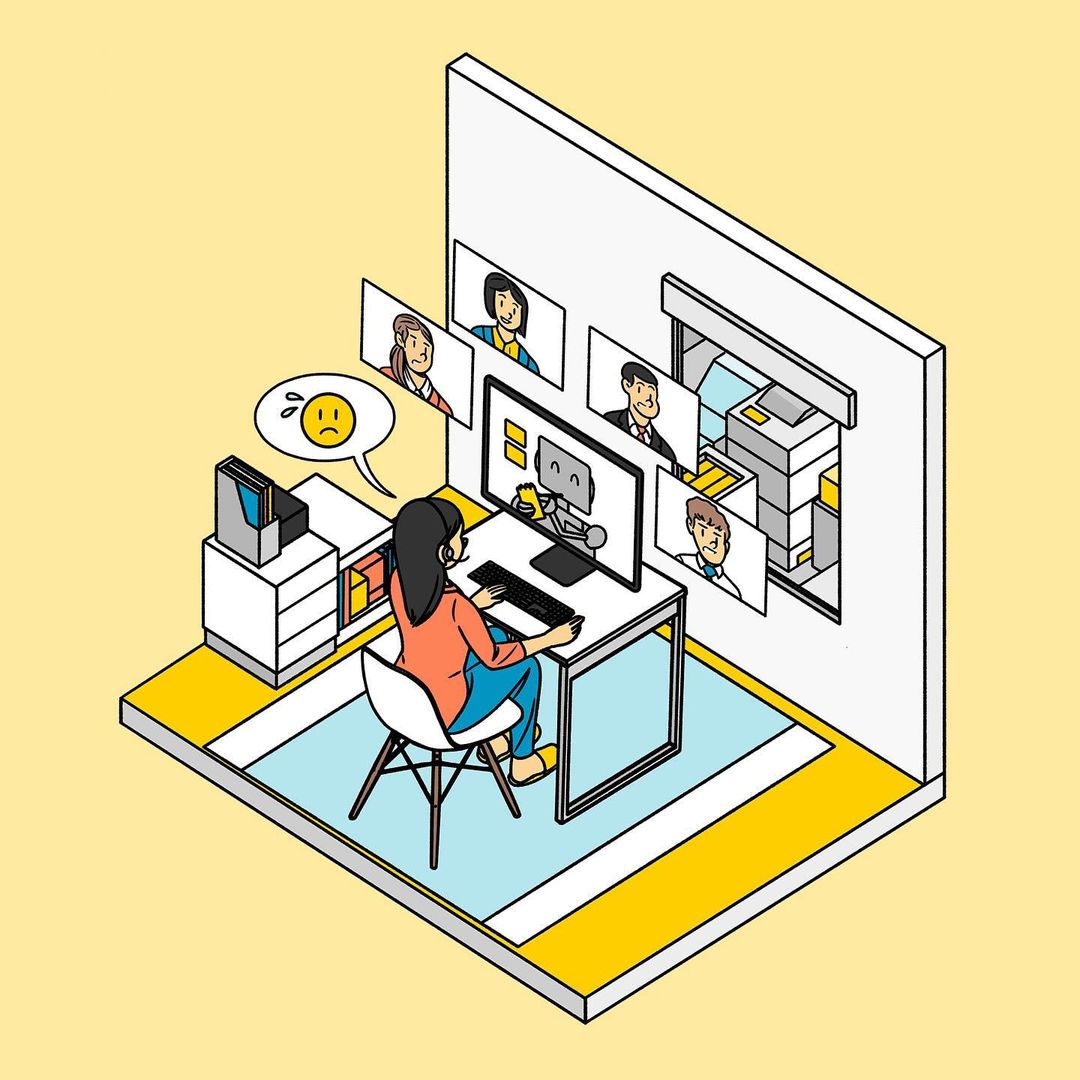 Illustration of a woman video conferencing with several people from her home office while sitting at her desk using a computer.