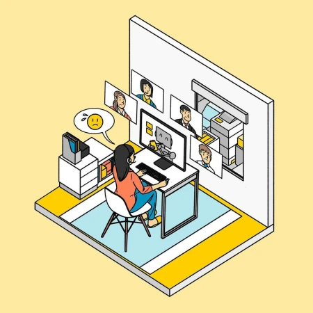 Illustration of a woman video conferencing with several people from her home office while sitting at her desk using a computer.