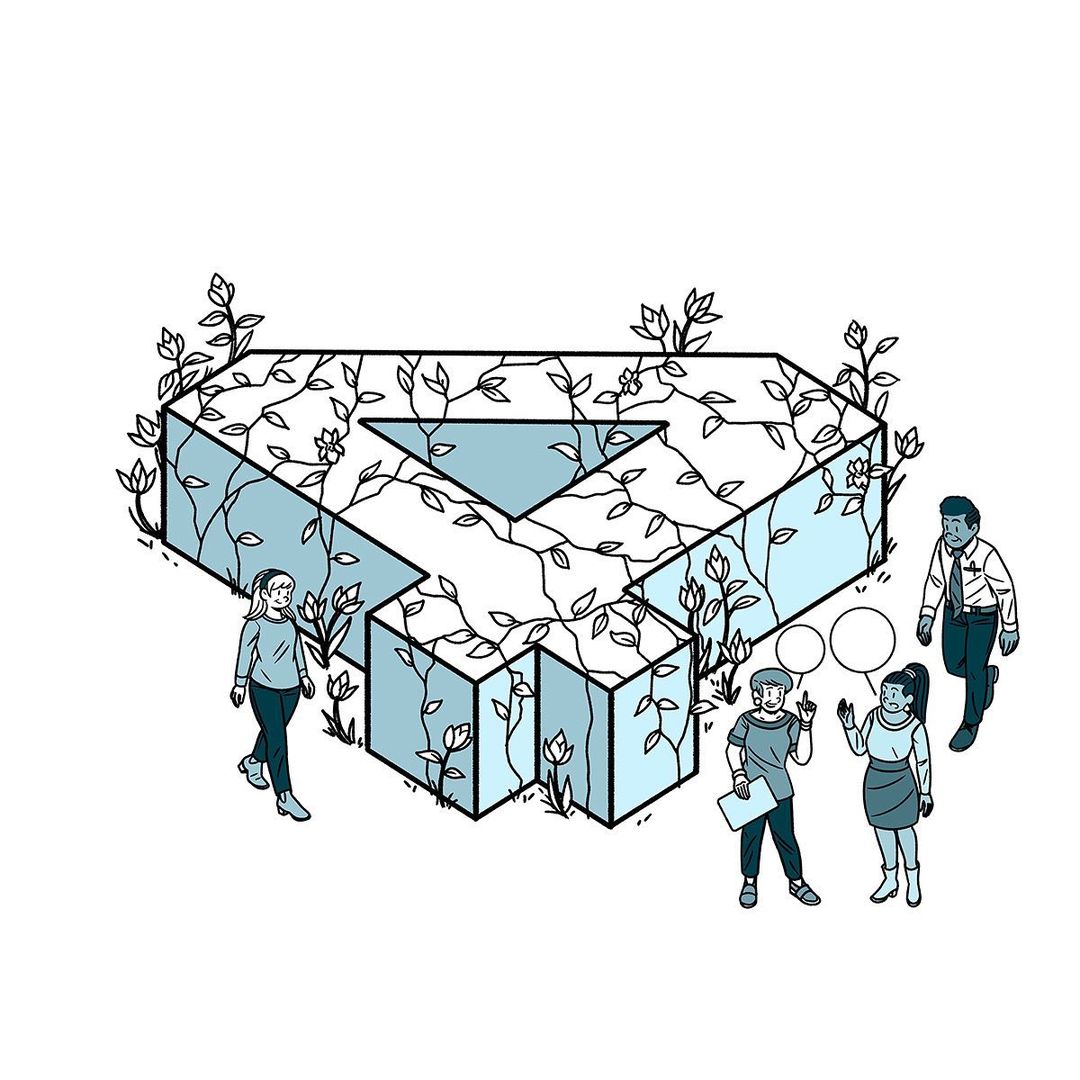 Illustration of a diverse group of people standing around a geometric, abstract form covered in vines, set against a white background.